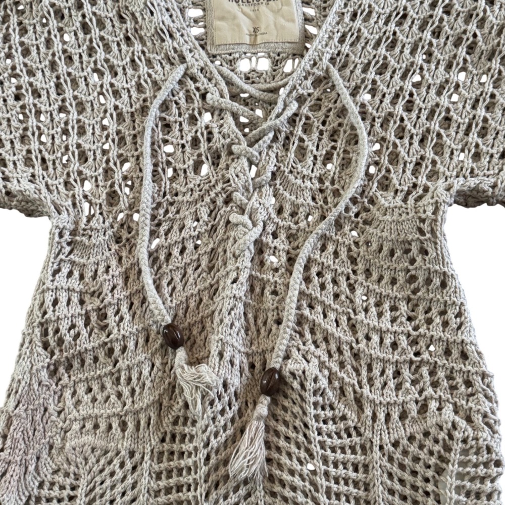 Vintage Y2K Style Hollister Crochet Hooded Fringe Knit Top XS Beach‎ Preppy Boho - Picture 6 of 9